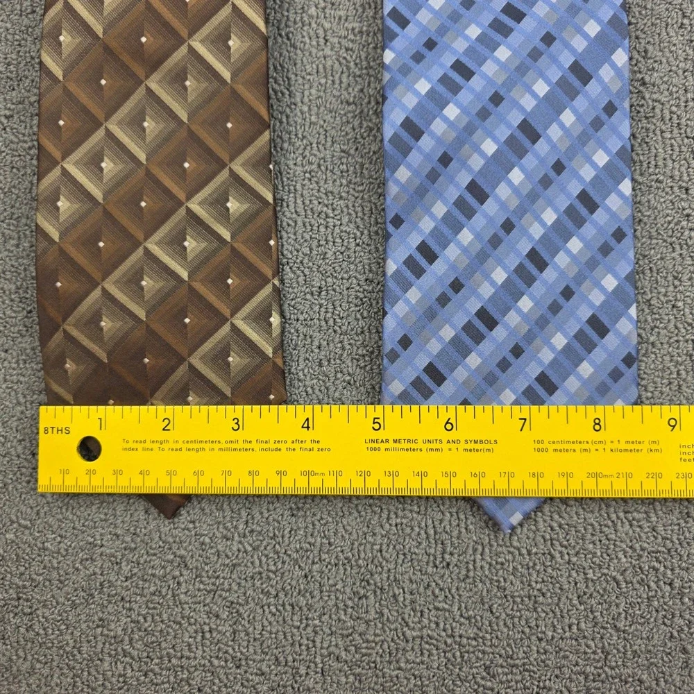 Van Heusen Silk Tie Set Mens Brown Blue Geometric Plaid Stain Resistant OS